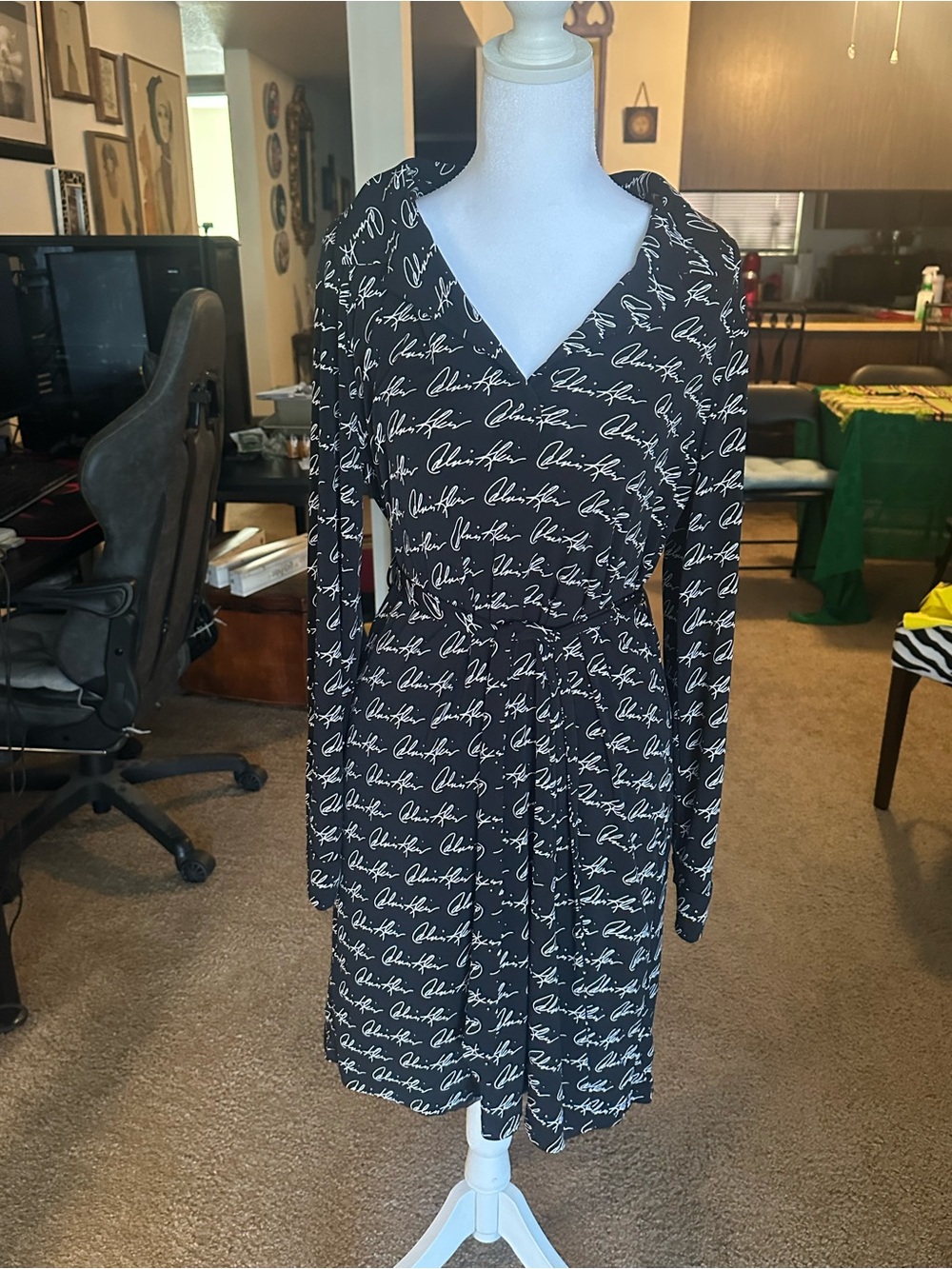 Calvin Klein Black Script-Print Long Sleeve Wrap Dress